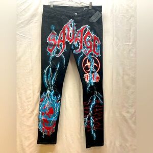 NWT GFTD Los Angeles SAVAGE Skinny Distressed Painted Black Jeans 34” X 32”